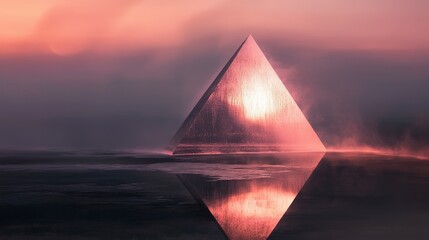 Poster - Dissolving pyramid shape at sunset dreamlike landscape digital art surreal environment wide-angle view abstract concept