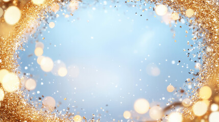 Wall Mural - festive gold glitter on a blue background with soft glowing bokeh lights