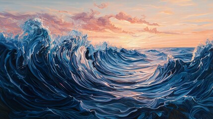 Poster - Dynamic waves crashing at sunset over ocean horizon coastal landscape vibrant seascape art serene viewpoint