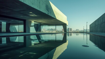 Poster - Modern architectural scene featuring open spaces and reflective water in urban environment