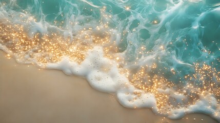 Wall Mural - abstract beach background with soft beige sands, shimmering turquoise waves and glowing bokeh dots s