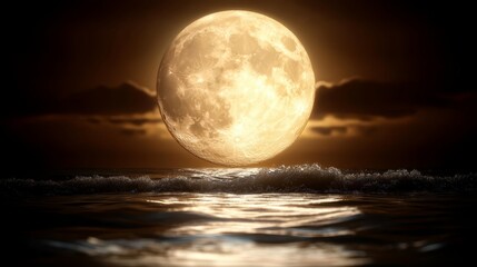 A full moon rising over the ocean at night