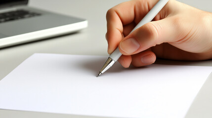 A hand holding a pen writing on a blank paper on the desk