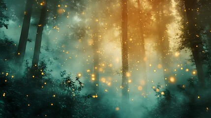 Wall Mural - abstract forest background with ethereal amber and emerald tones, misty lights and sparkling dew dro