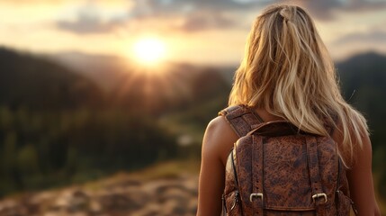 Wall Mural - A woman with a backpack looking out over a mountain range