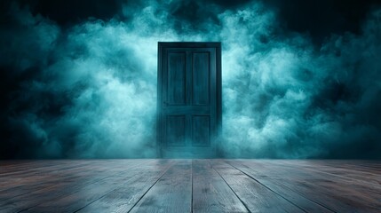 Wall Mural - an open door in a dark room with smoke coming out of it