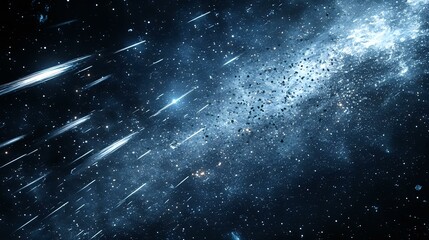abstract outer space background with deep navy tones, glowing meteors and scattered starry bokeh lig