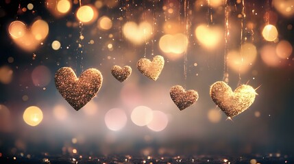 Wall Mural - Abstract romantic background with soft blush pinks, golden light sparkles and heart-shaped bokeh lights floating gracefully