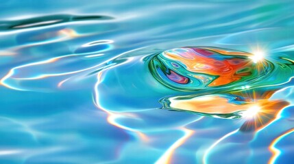 Wall Mural - Colorful reflections on water surface with ripples and soft light effects.