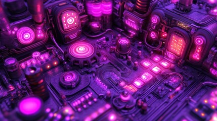 Wall Mural - futuristic purple tech circuitry, glowing lights, complex machinery.