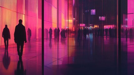 Wall Mural - night city street with people walking past colorful illuminated buildings.
