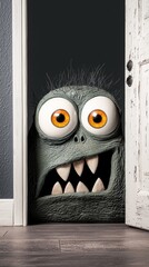 Wall Mural - A monster peeking out of an open door with big eyes