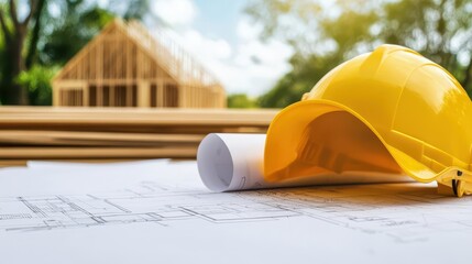 Wall Mural - House under construction with blueprint sketch visible, architectural beams and trusses in background, future vision