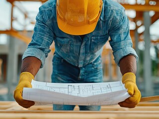 Wall Mural - Worker holding blueprint near exposed framework of house, structural beams in background, architectural clarity