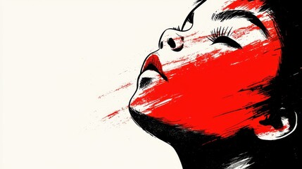 Wall Mural -  A drawing of a woman's face with red paint splattered on it