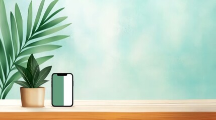 Wall Mural - A phone sitting on top of a wooden table next to a plant