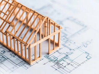 Wall Mural - Blueprint lines overlaid on open house framework, visible beams and trusses, building process in focus