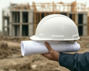 Wall Mural - Worker holding blueprint with exposed house framework in background, concept of design to reality