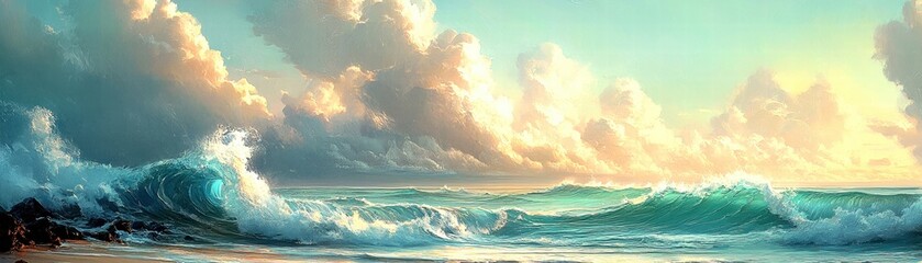 Wall Mural - Serene ocean waves crashing under a colorful sky at sunset.