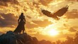 © harkamat - A female knight stands on a rocky outcrop at dawn, with a majestic eagle flying beside her, background wallpaper AI generated image