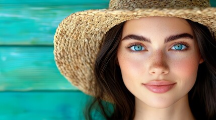 Wall Mural - A woman with blue eyes wearing a straw hat