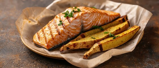 Wall Mural - Delicious grilled salmon with roasted parsnips. Healthy food with high protein content.