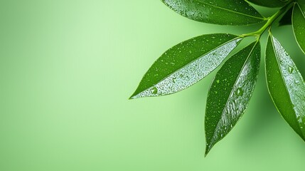 Wall Mural - A green leaf with water droplets on it