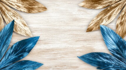 Wall Mural - blue and gold feathers on a wooden background