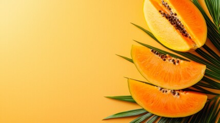 Wall Mural - A papaya cut in half on a yellow background