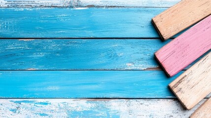 Wall Mural - colorful wood planks on a blue and white background