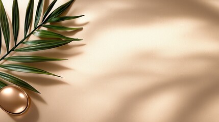 Canvas Print - A gold egg and a green leaf on a beige background