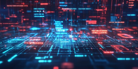 represent the dynamic nature of data technology in cybersecurity,  futuristic digital background with glowing blue and red holographic code symbols
