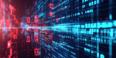 represent the dynamic nature of data technology in cybersecurity,  futuristic digital background with glowing blue and red holographic code symbols