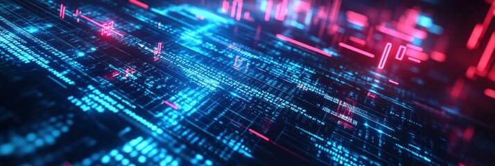 represent the dynamic nature of data technology in cybersecurity,  futuristic digital background with glowing blue and red holographic code symbols