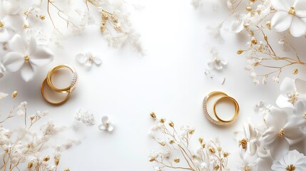 flatlay of gold wedding rings and white flowers on white background.