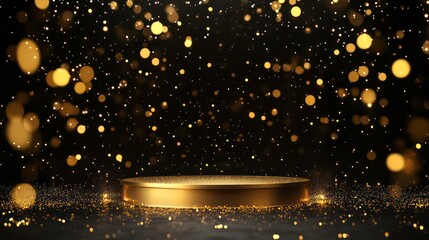 Wall Mural - golden pedestal on dark background with bokeh lights.