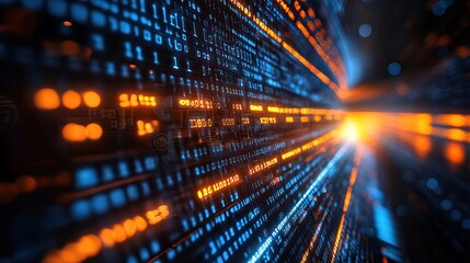 Data binary code with lights and numbers represents software programming, cybersecurity, and digital connections