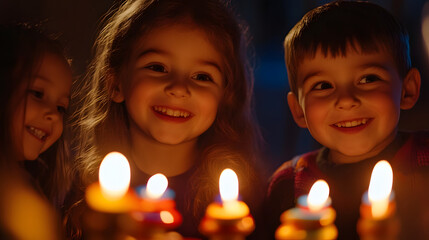 Children joyfully spinning dreidels by the light of a menorah their faces softly illuminated.