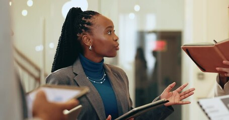 Wall Mural - Business woman, meeting and discussion with team for project briefing, planning or explanation at office. Female person, speaker and group of employees with documents for assignment, agenda or tasks