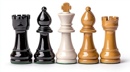 Wall Mural - A photostock of shiny black and white chess pieces arranged for a game, strategic and elegant, isolated on a clean white background, High Quality