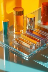 Wall Mural - A flat-lay arrangement of luxury cosmetics in various glass containers with golden lids against a vibrant yellow background