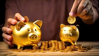 Man with gold coin plans to save money in piggy bank with golden piggy