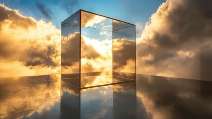 Poster - Reflective cube framing light and clouds dreamlike landscape photographic art surreal environment aesthetic perspective