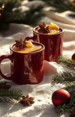 Wall Mural - Warm holiday drinks in festive red mugs surrounded by pinecones and ornaments