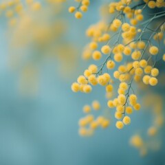 Poster - Beautiful yellow mimosa flowers blooming against a soft blue background in early spring sunlight