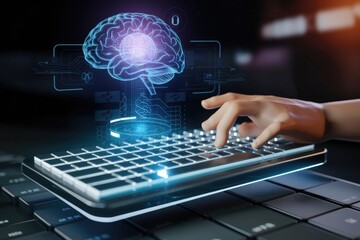 Leinwandbilder - Human hand interacts with a digital brain on a keyboard, symbolizing AI and technology's integration with human cognition.