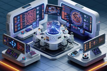 Leinwandbilder - A team collaborates around an AI core, utilizing advanced technology and data visualization for innovation.