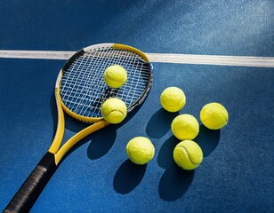 Wall Mural - Generated image Holliday sport composition with yellow tennis balls and racket on a blue background