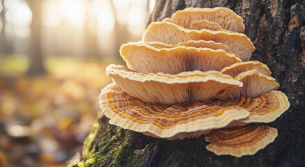 Wall Mural - Morning sunlight illuminating mushrooms on a mossy log in a peaceful forest