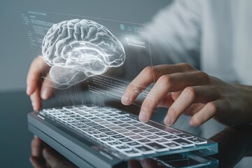 Leinwandbilder - A futuristic depiction of a person interacting with a holographic brain interface on a transparent keyboard.